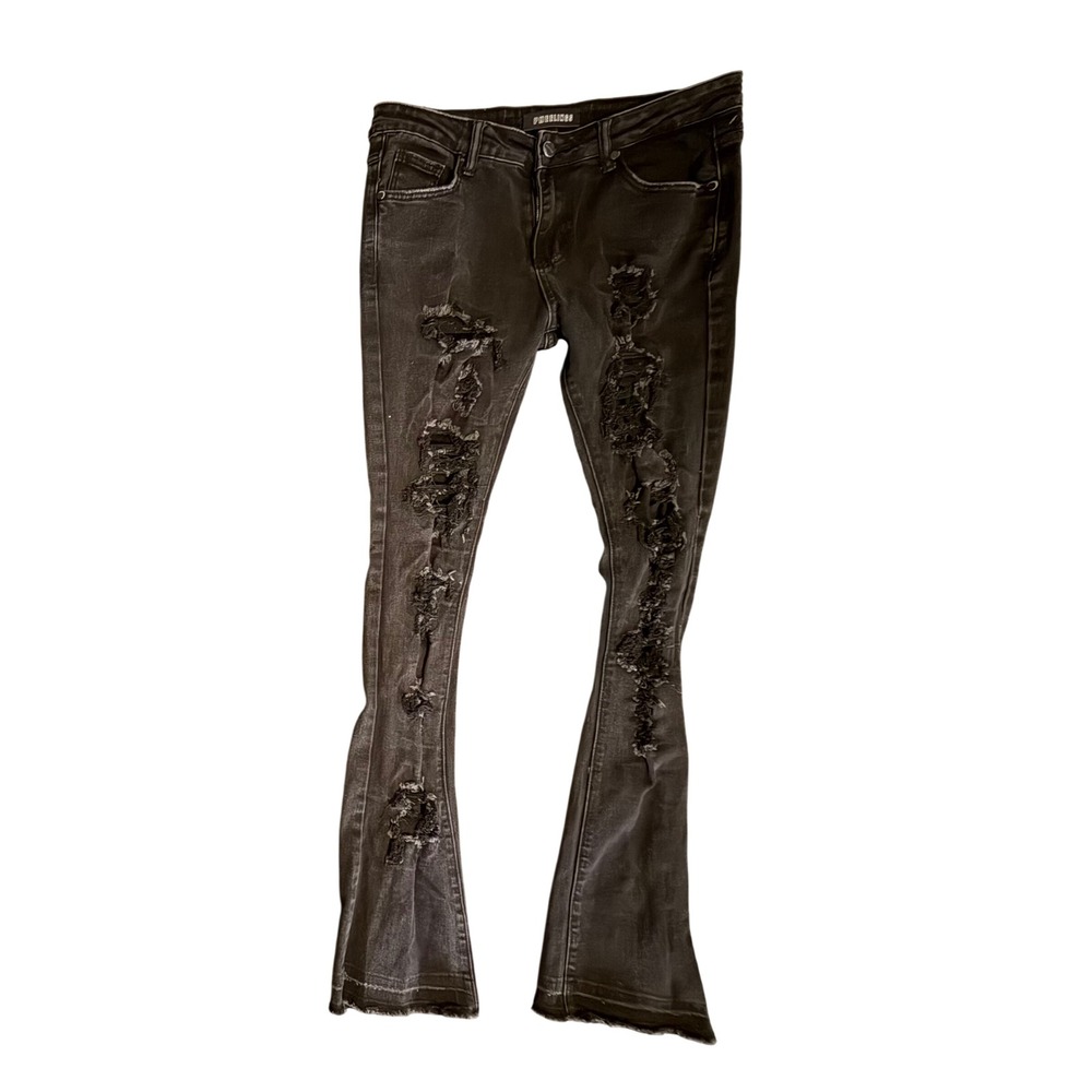Pheelings Distressed Flare Jeans Mens 32 Black Ripped Stacked Denim Pants